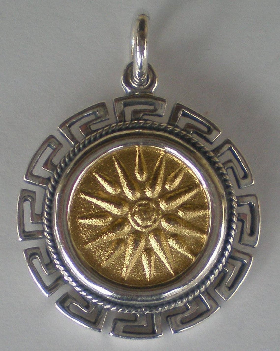 Vergina Sun - Alexander the Great - Macedonia - Rayed Solar Symbol - Meander Design - Gold Plated Pendant - 925 Sterling Silver