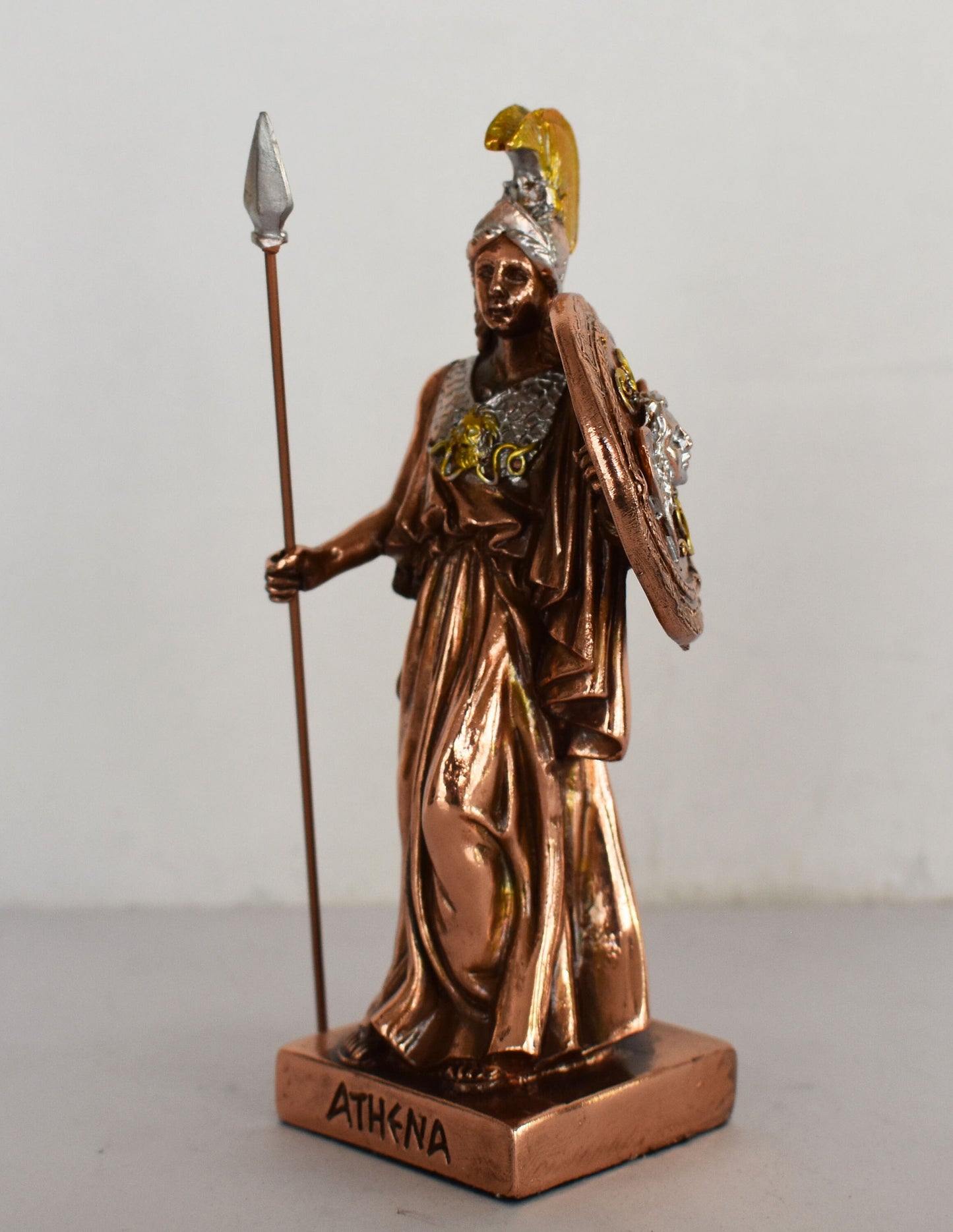 Athena Minerva holding a spear - Greek Roman goddes of Wisdom, Strength, Strategy, Courage, Inspiration, Arts - Copper Plated Alabaster