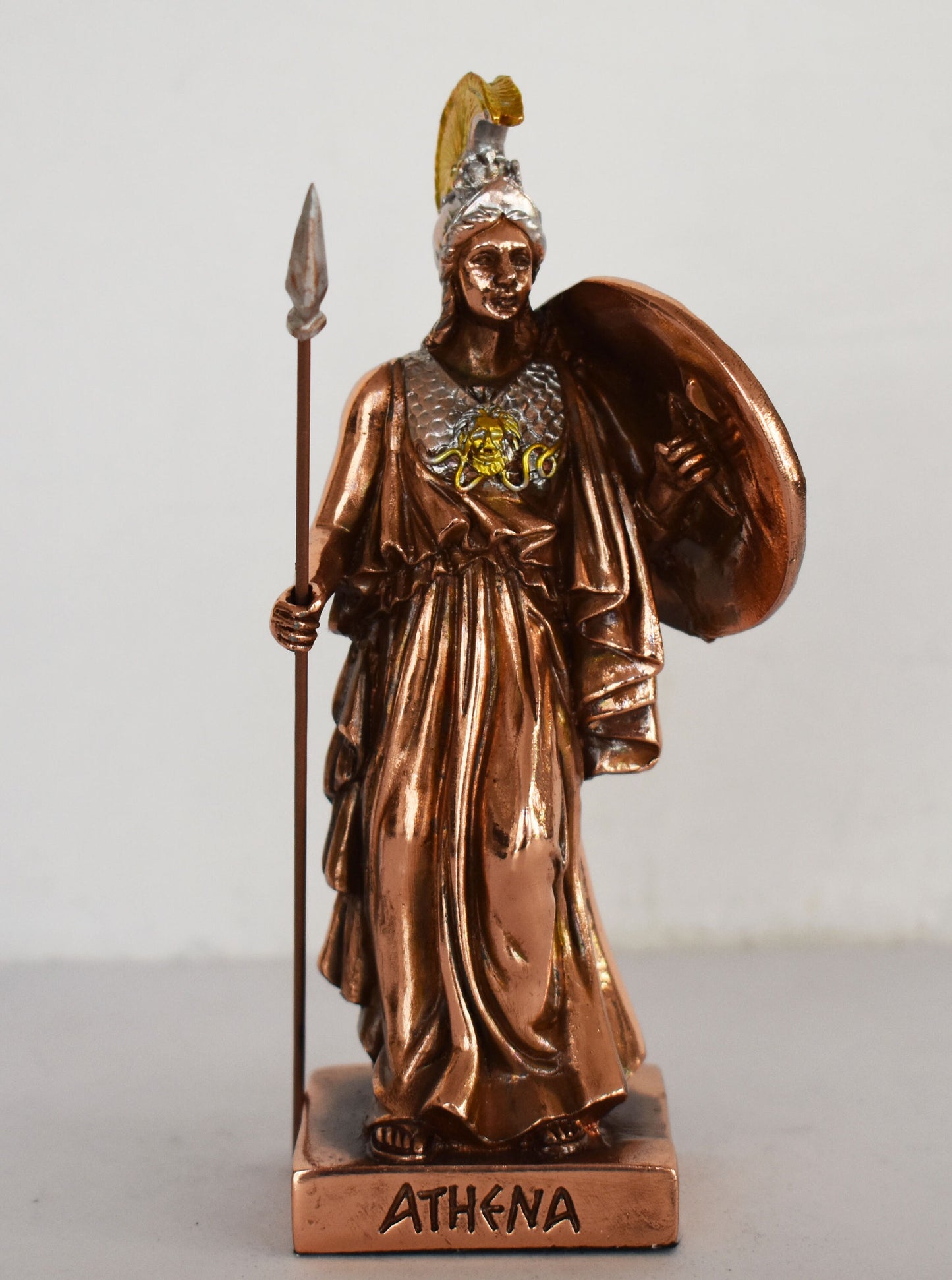 Athena Minerva holding a spear - Greek Roman goddes of Wisdom, Strength, Strategy, Courage, Inspiration, Arts - Copper Plated Alabaster