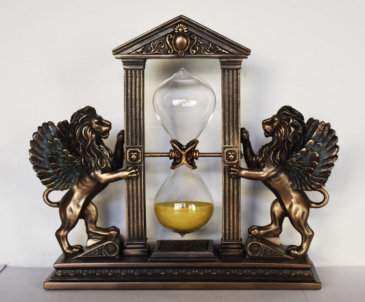 HourGlass In Base with Winged Lions - Symbol of Power,Strength, Authority - Clepsydra - Sandglass - Cold Cast Bronze Resin