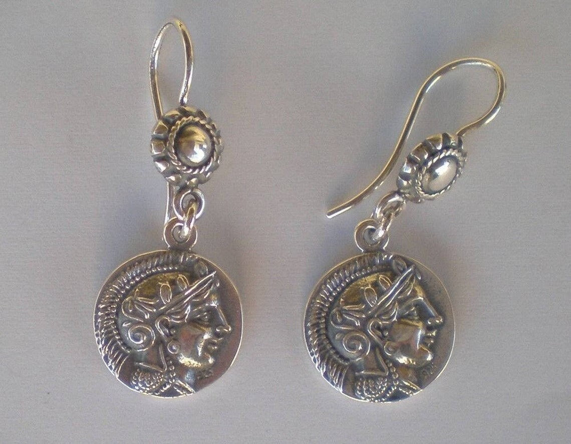 Athena Minerva Greek Roman Goddess of Wisdom - Owl - Tetradrachm 431-413 BC - Earrings - 925 Sterling Silver