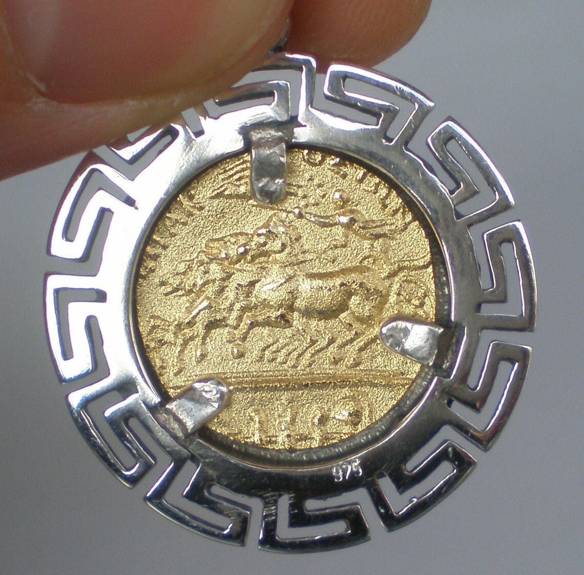 Artemis Diana - Greek Roman Goddess of Hunt - Syracuse Dekadrachm - 405-380 BC - Meander Motif - Coin Pendant - 925 Sterling Silver