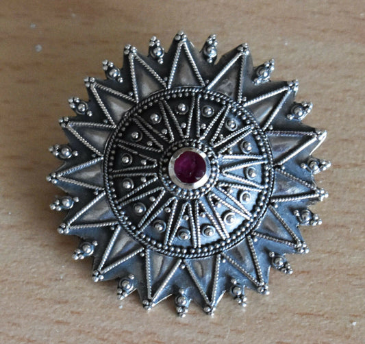 Byzantine Ornament with Ruby- Floral Motif - Constantinople - Brooch Pin - 925 Sterling Silver