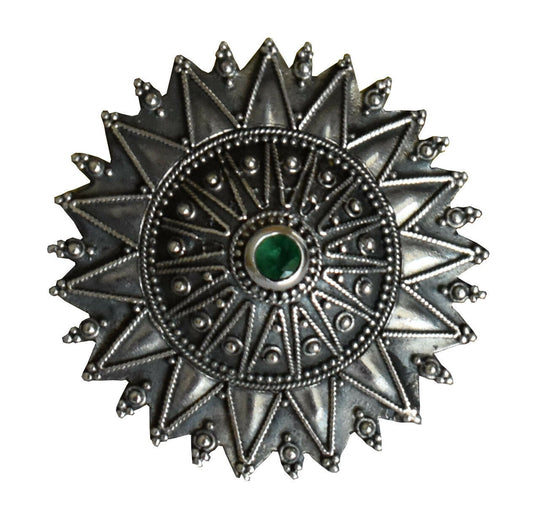 Byzantine Ornament with Emerald- Floral Motif - Constantinople - Brooch Pin - 925 Sterling Silver