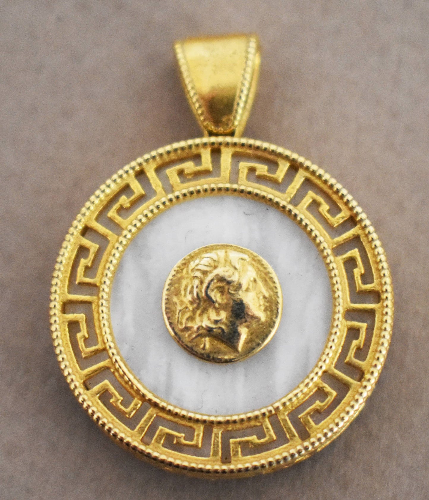 Alexander the Great Motif with Meander on Marble - Macedonian King - Gold Plated Pendant - 925 Sterling Silver