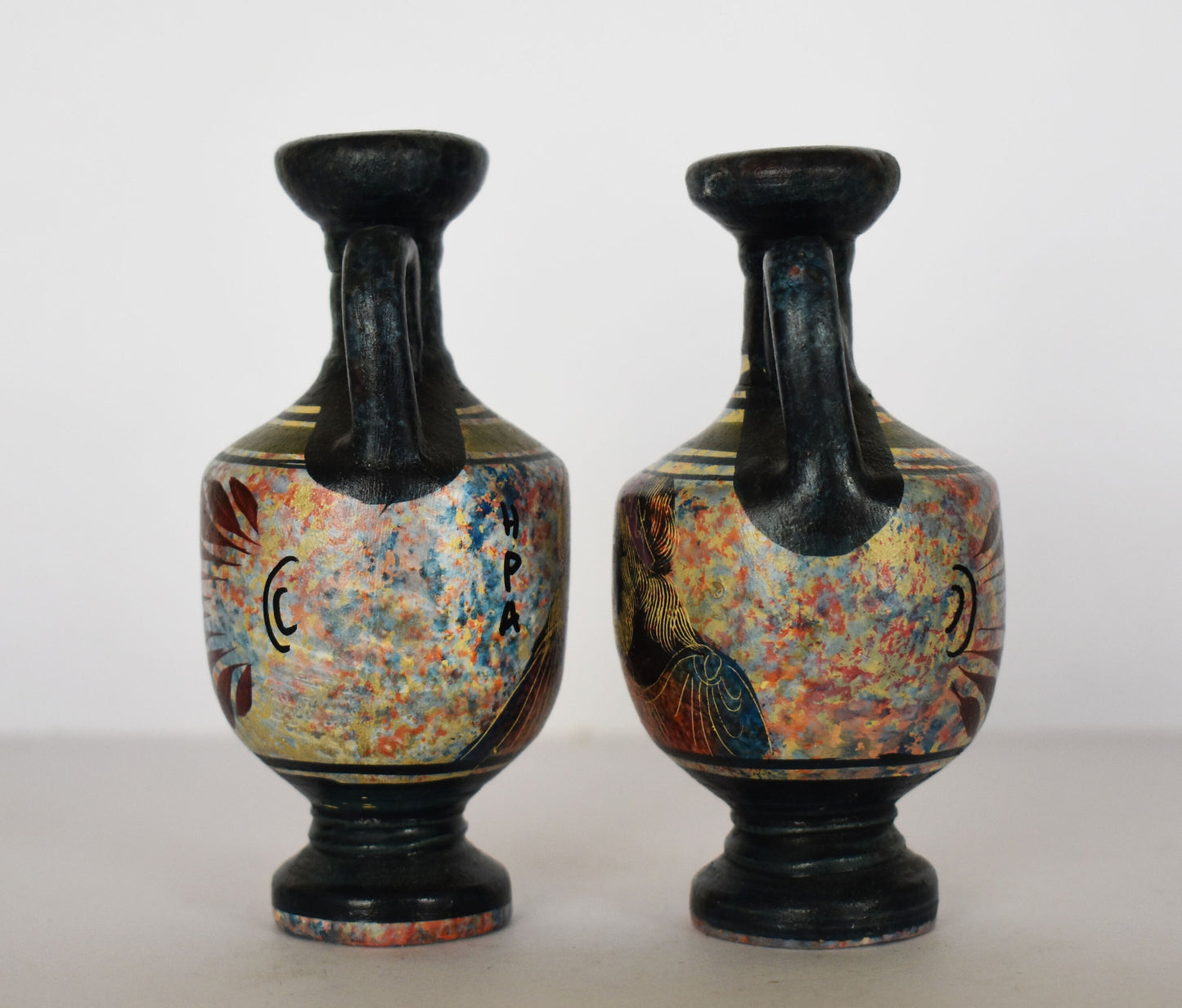 Set of 2 Lekythos - Zeus Jupiter and Hera JUNO - Floral Motif - Athens - Greece - Classic Period - 450 BC - Miniatures - Ceramic Vases