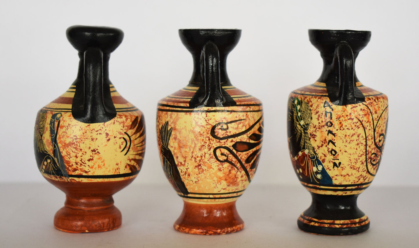 Set of 3 Lekythos - Artemis Diana, Zeus Jupiter and Apollo - Floral Motif - Athens - 450 BC - Miniatures - Ceramic Vases