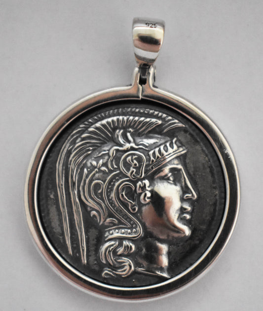 Athena Minerva - Greek Roman Goddess of Wisdom - Owl - Coin Pendant - 925 Sterling Silver