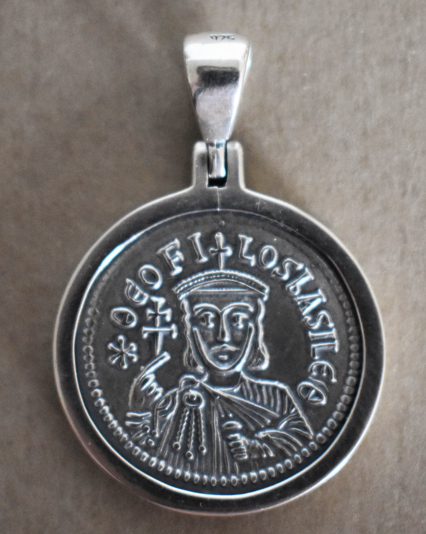 Emperor Theophilus Crowned Bust, holding Patriarchal Cross - Constantine - 829-842 AD - Solidus - Coin Pendant - 925 Sterling Silver