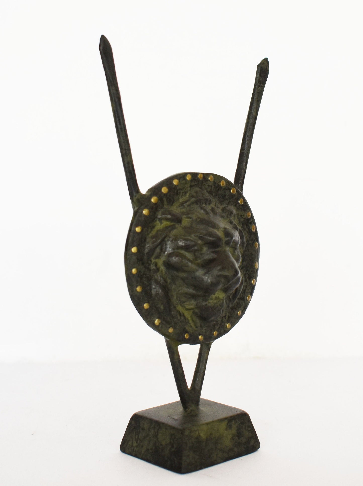 Ancient Greek Shield with Spears - Lion Head - Symbol of Courage, Nobility, Royalty, Strength - Museum Replica - pure Bronze Sculpture