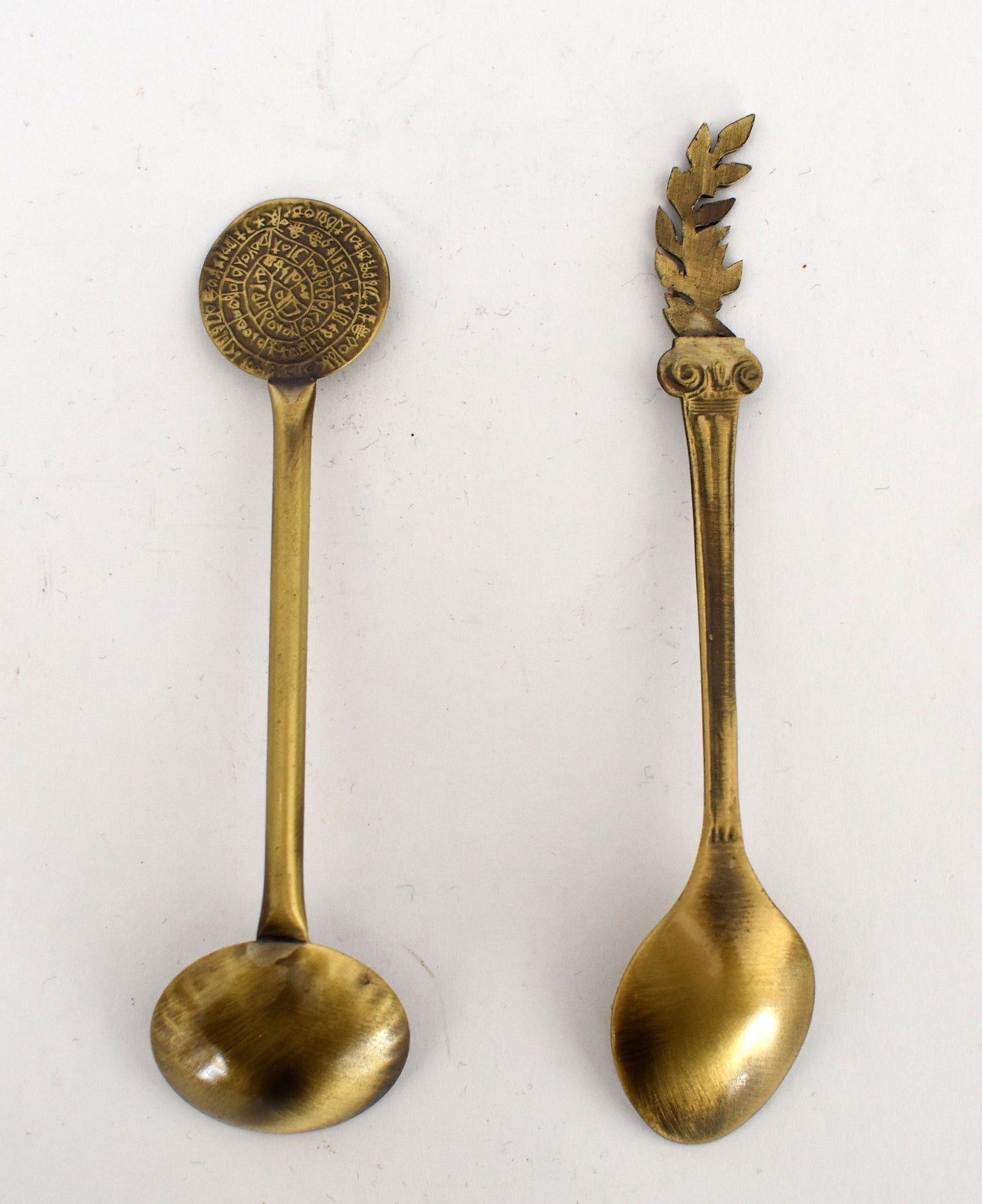 Set of two Spoons - Phaistos Disc, Meander Motif - Olive Branch, Ionic Order - Miniatures - pure Bronze Sculpture