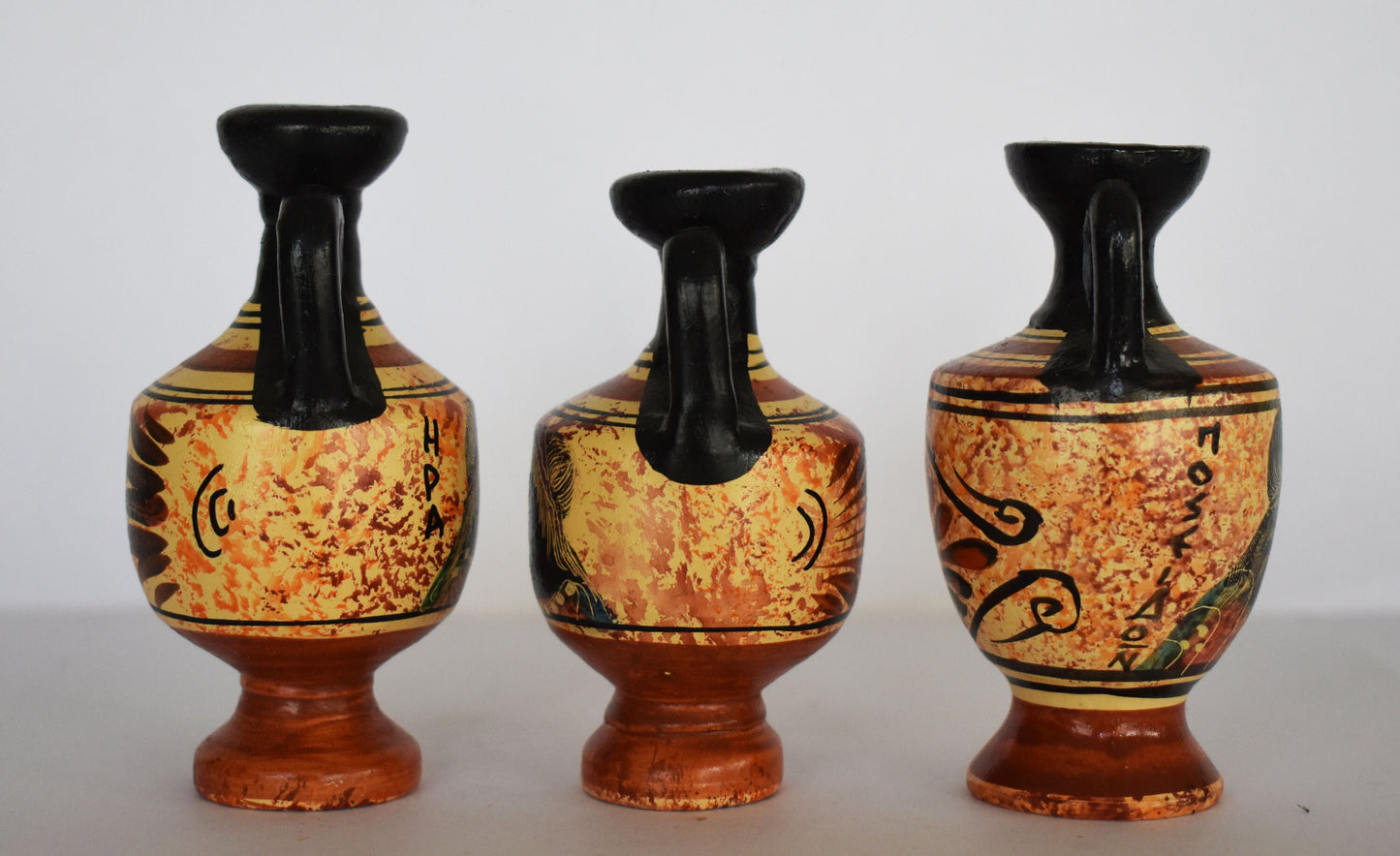 Set of 3 Lekythos - Hera Juno, Aphrodite Venus and Poseidon Neptune - Floral Motif - Athens - 450 BC - Miniatures - Ceramic Vases