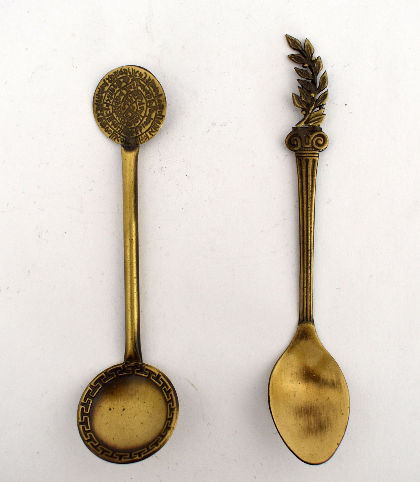 Set of two Spoons - Phaistos Disc, Meander Motif - Olive Branch, Ionic Order - Miniatures - pure Bronze Sculpture