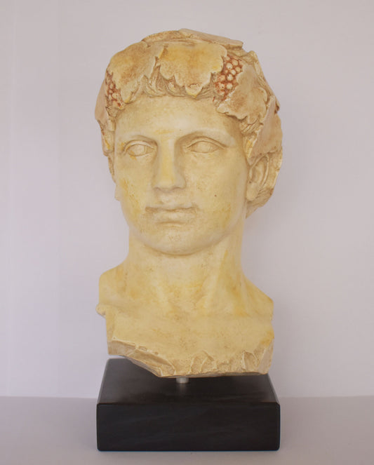 Dionysus - Greek God of Wine, Fertility, Ritual Madness, Theater and Religious Ecstasy  - Marble Base - Museum Reproduction - Head Bust