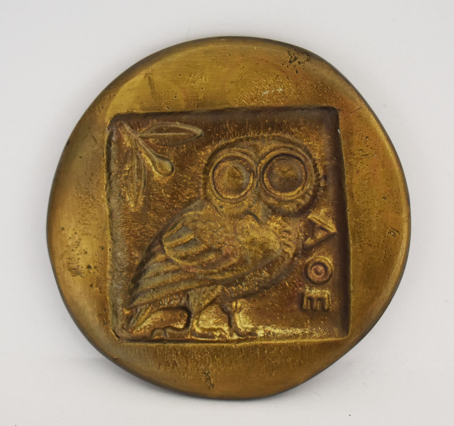 Athena Minerva - Greek Roman Goddess of wisdom and Owl - Athenian Tetradrachm coin - Paperweight - pure bronze statue