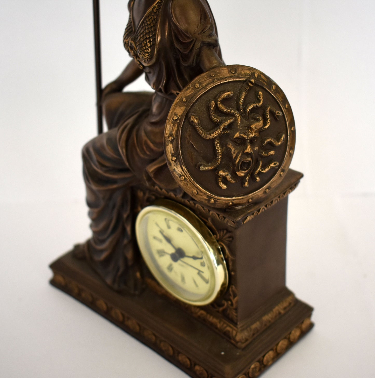 Athena Minerva with Clock - Greek Roman goddes of Wisdom, Strength, Strategy, Inspiration, Arts, Crafts, and Skill - Cold Cast Bronze Resin