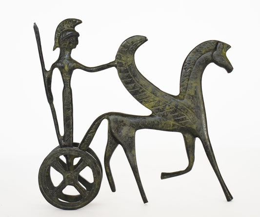 Ancient  Greek Chariot - Goddess Athena with Spear and Pegasus, the Flying Horse - Small - pure Bronze Sculpture