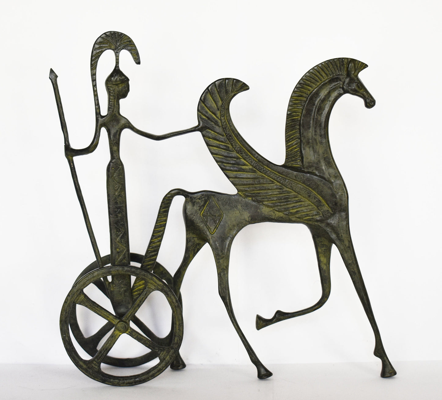 Goddess Athena with Spear and Pegasus, the Flying Horse - Ancient Greek Chariot - pure Bronze Sculpture