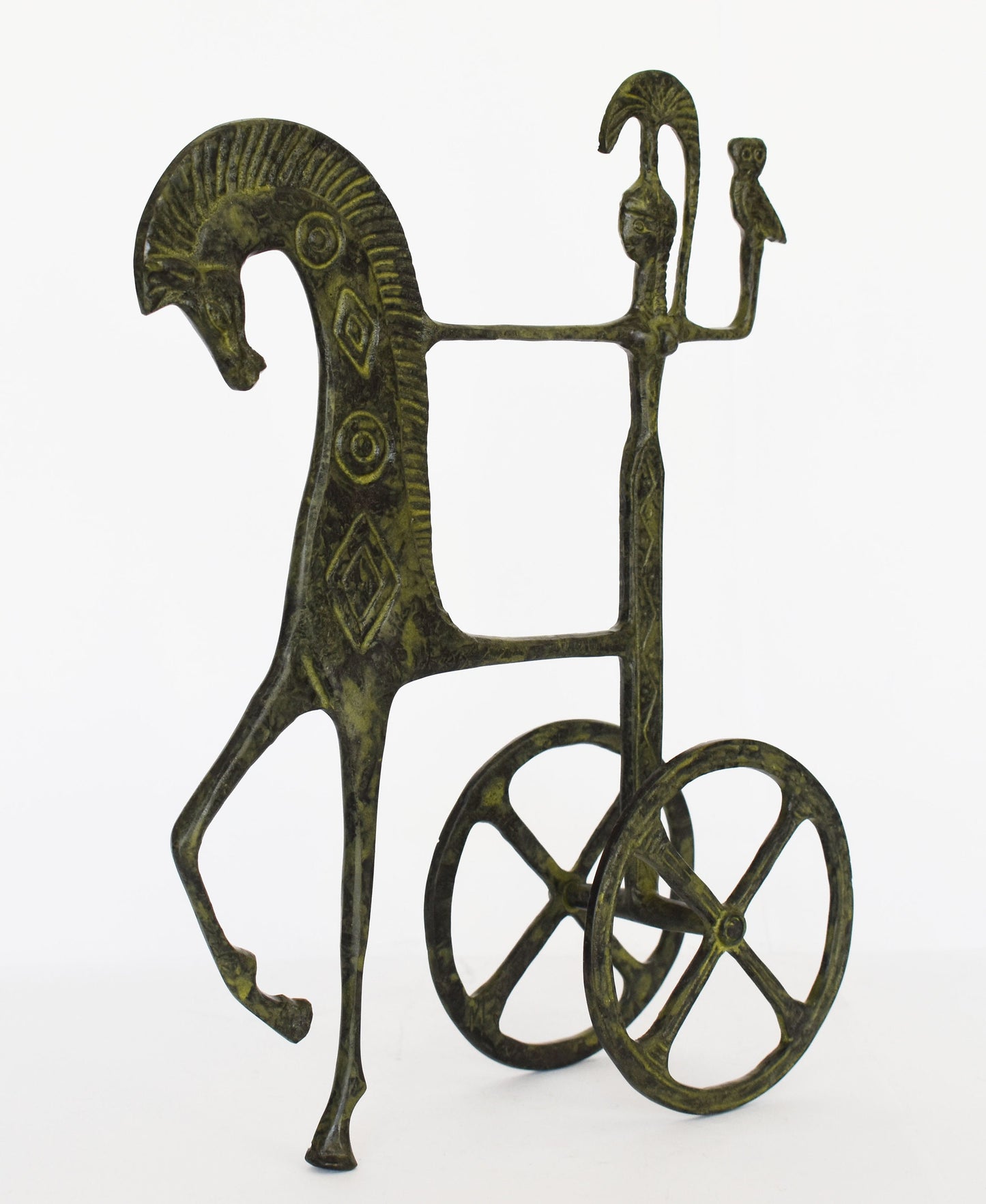 Ancient Greek Chariot - Goddess Athena Minerva Holding an Ow - Symbol of Wisdom - pure Bronze Sculpture