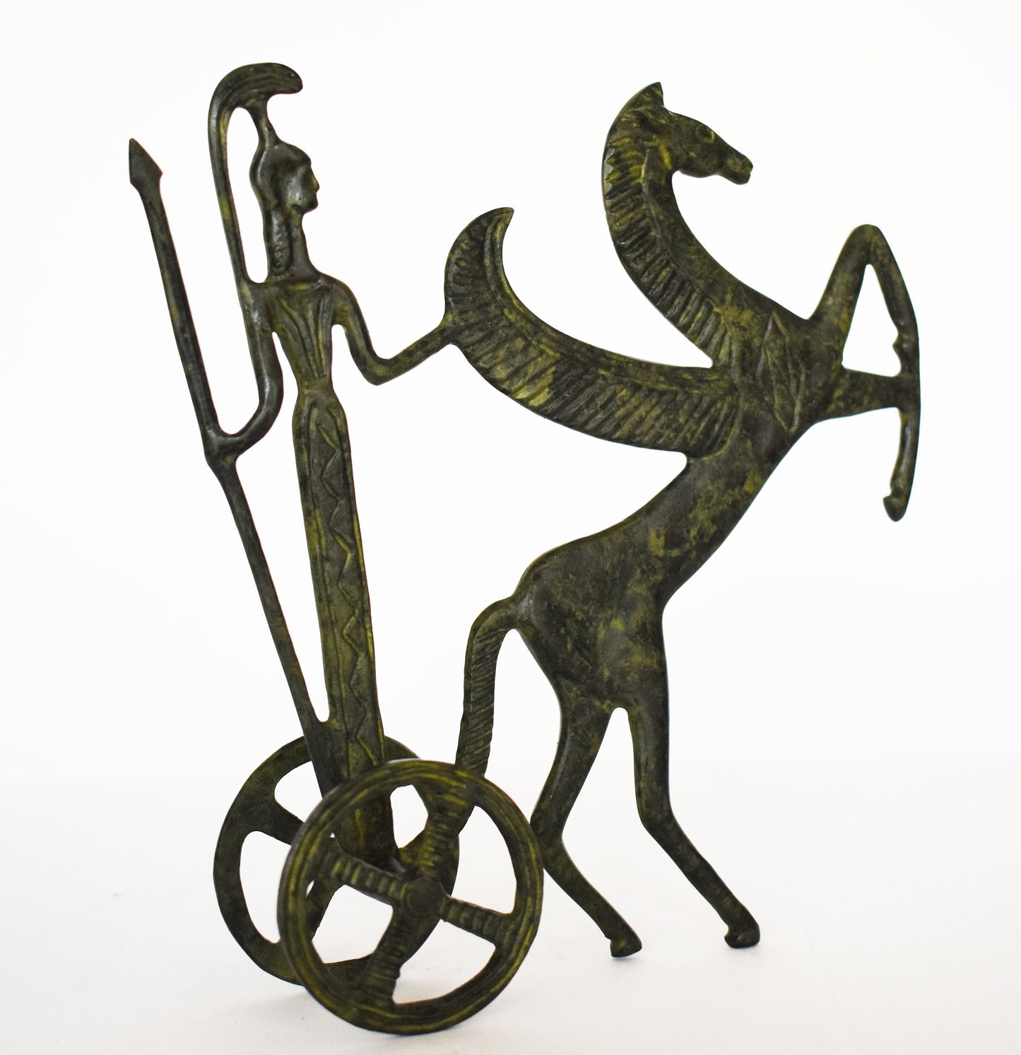 Ancient Greek Chariot - Goddess Athena Minerva with Spear - Pegasus, the Flying Horse - Small - pure Bronze Sculpture