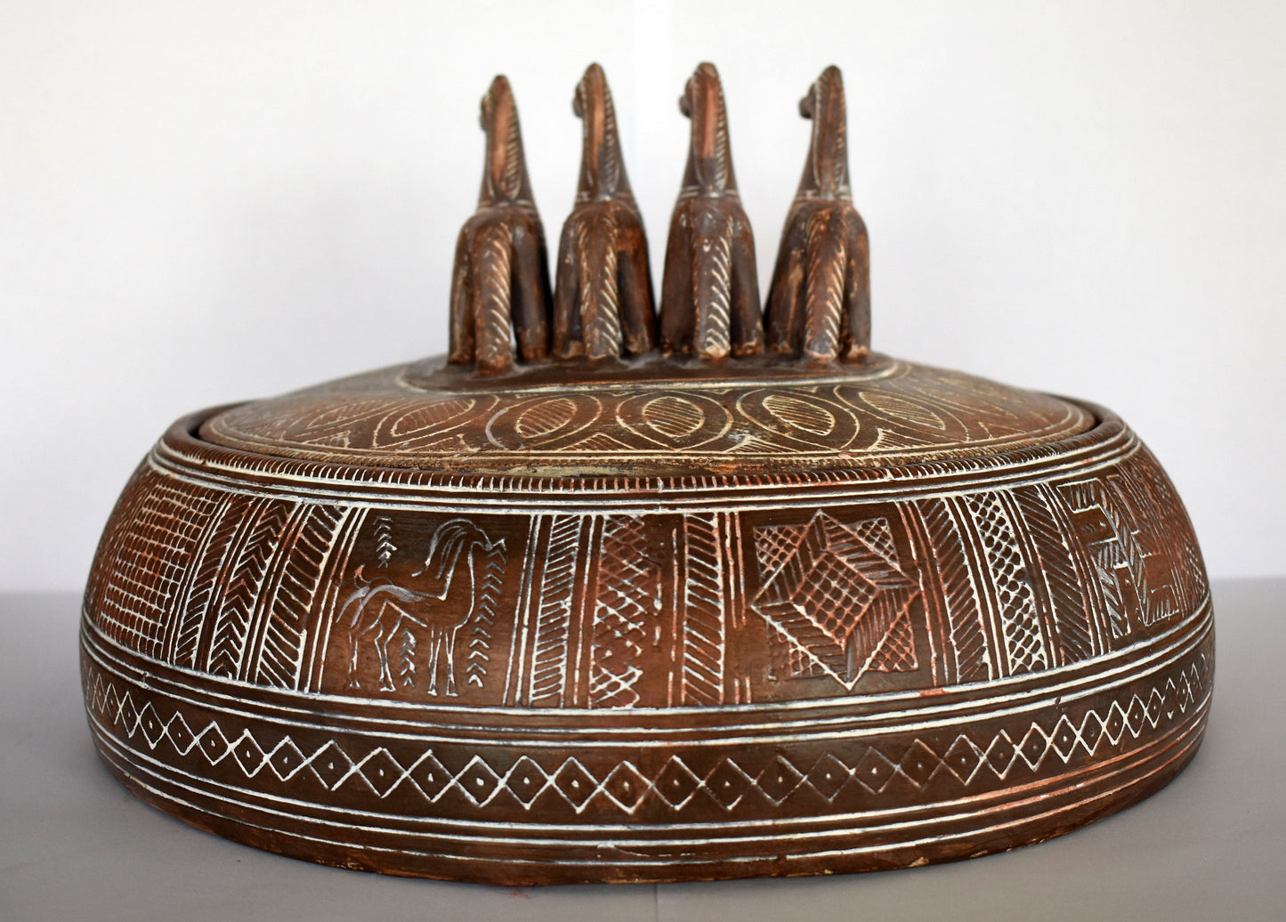 Pyxis Geometric Vase - Cylindrical Box - Four Horses - Athens, Attica - Geometric, 800 BC - Museum Reproduction - Ceramic Artifact