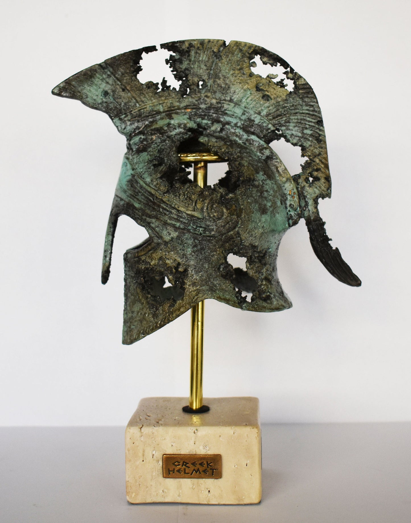 Ancient Greek Spartan Corinthian Helmet - Granite Base - Battle-Scarred - Museum Reproduction - pure bronze statue