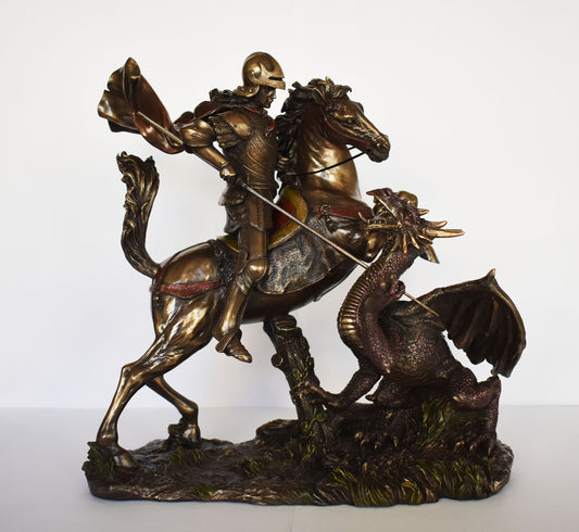 Saint George and the Dragon - Legend - Rescues the Princess as the next Offering - Cold Cast Bronze Resin