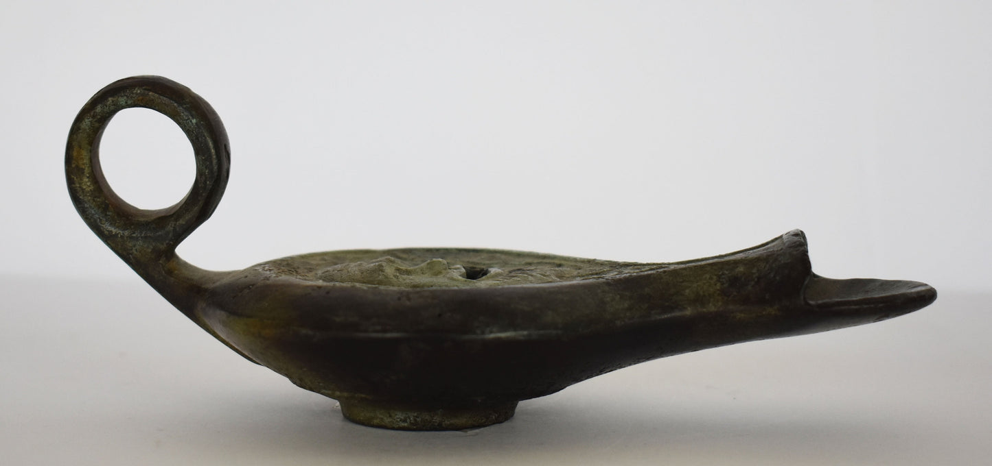 Bronze Oil Lamp - Tragedy Mask Design - Athens, Attica - 500 B.C. - Ancient Greek Reproduction - Pure Bronze Sculpture