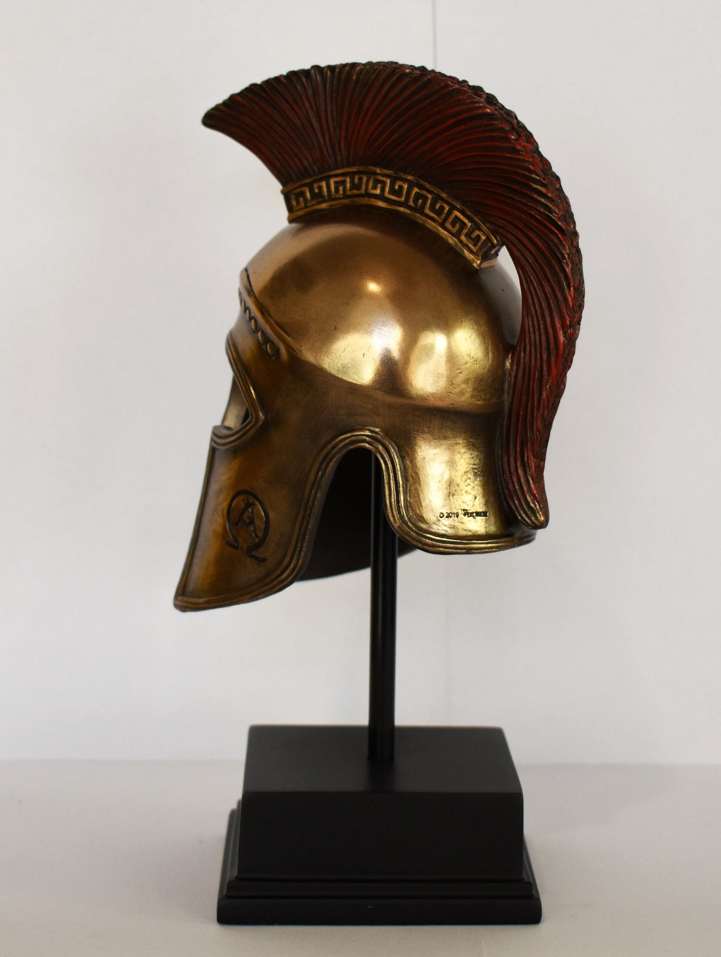 Ancient Greek Spartan Helmet - AΩ Symbols - Meander Motif - Ritual, Ceremony - Cold Cast Bronze Resin