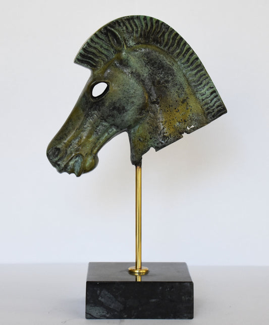 Ancient Greek Horse Head - Pure Bronze Sculpture - Symbol of Wealth and Prosperity - Marble Base - Museum Replica