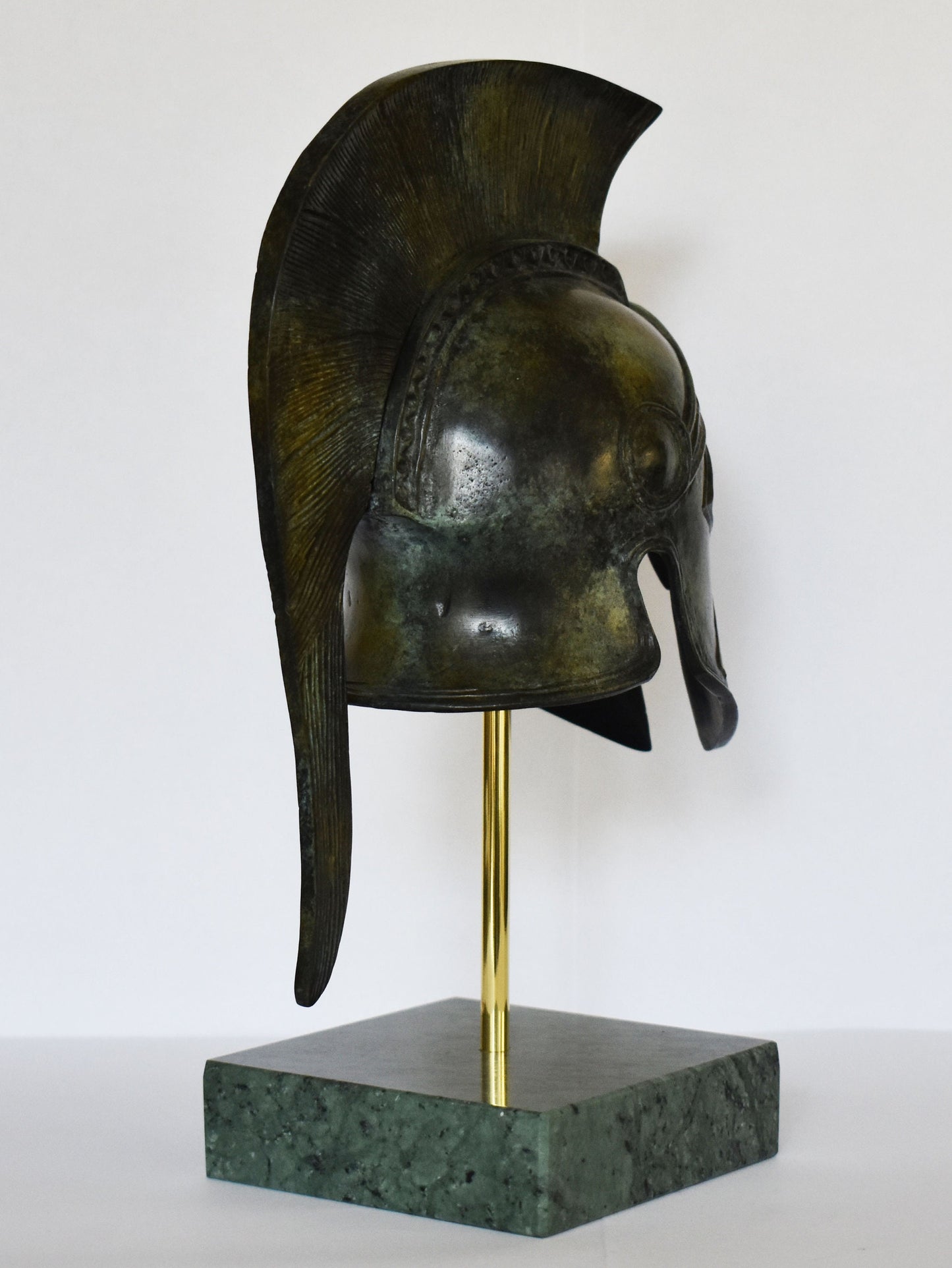 Ancient Greek Spartan Helmet - Λ Symbol - with Marble Base - Museum Reproduction - Pure Bronze Statue