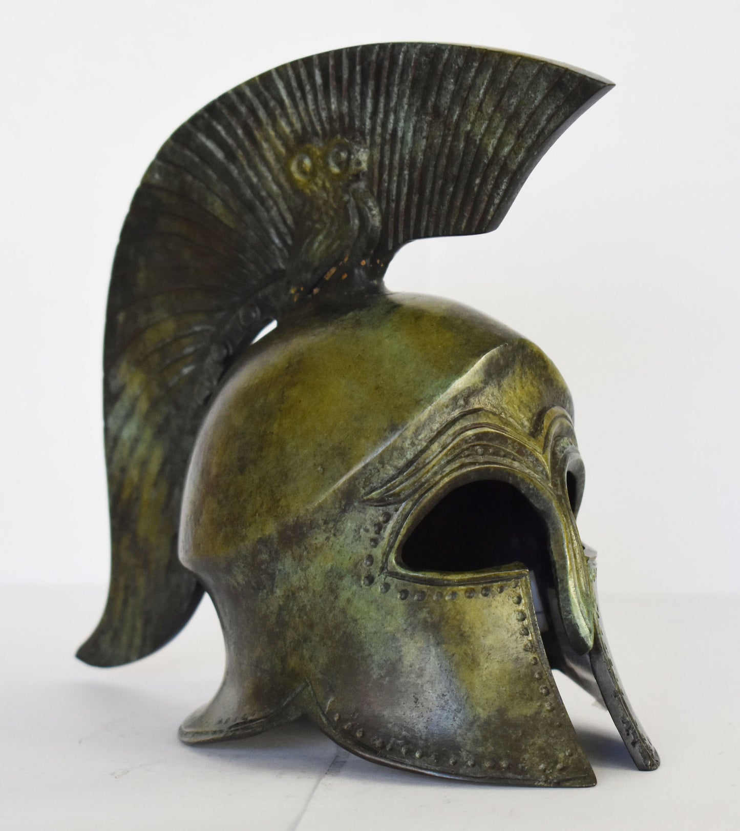 Ancient Greek Spartan Corinthian Helmet - Owl on the top - Pure Bronze Statue