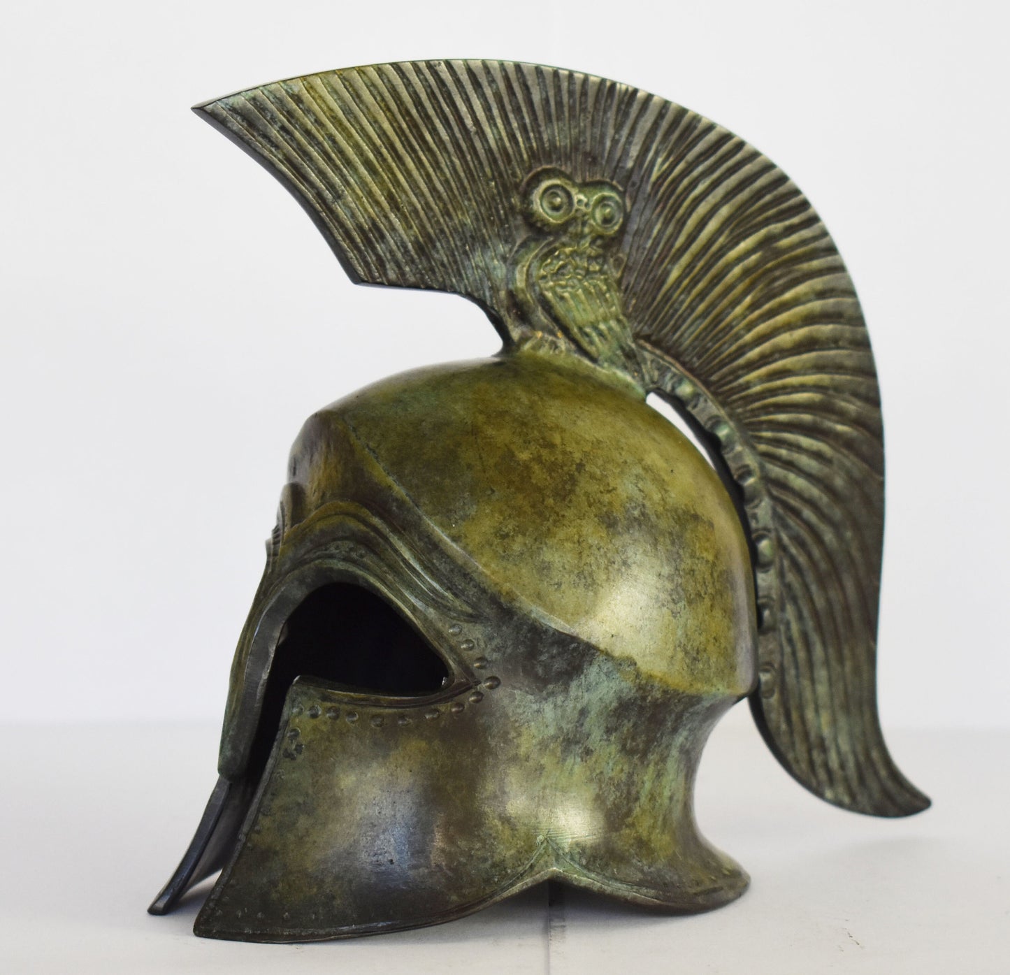 Ancient Greek Spartan Corinthian Helmet - Owl on the top - Pure Bronze Statue