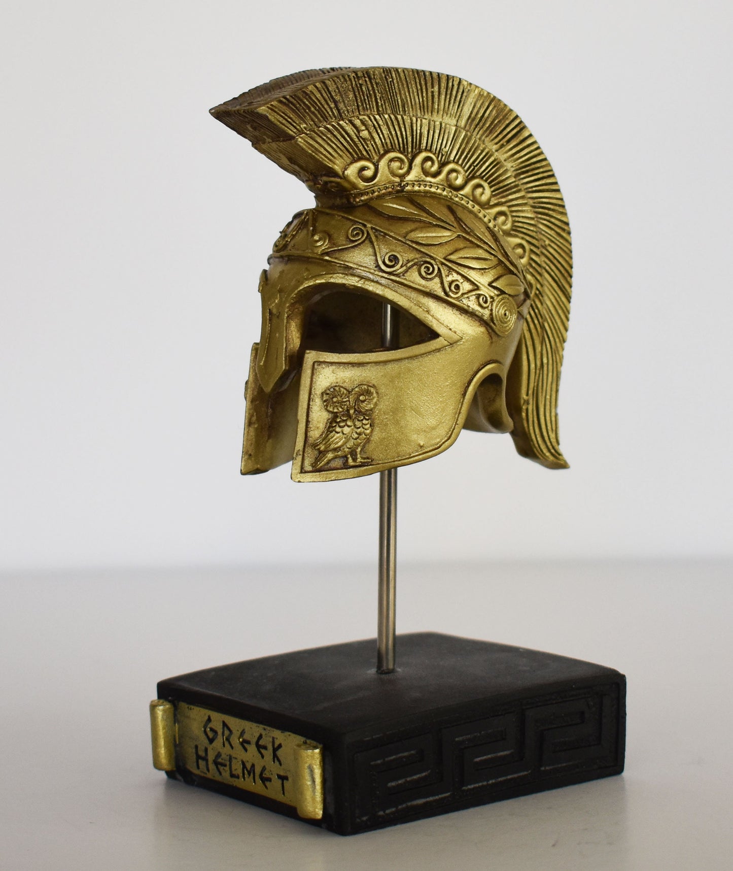 Ancient Greek Spartan Corinthian Helmet -  Physical Battle Protection - Owl of Wisdom Motif - Museum Reproduction - Polyresin Statue
