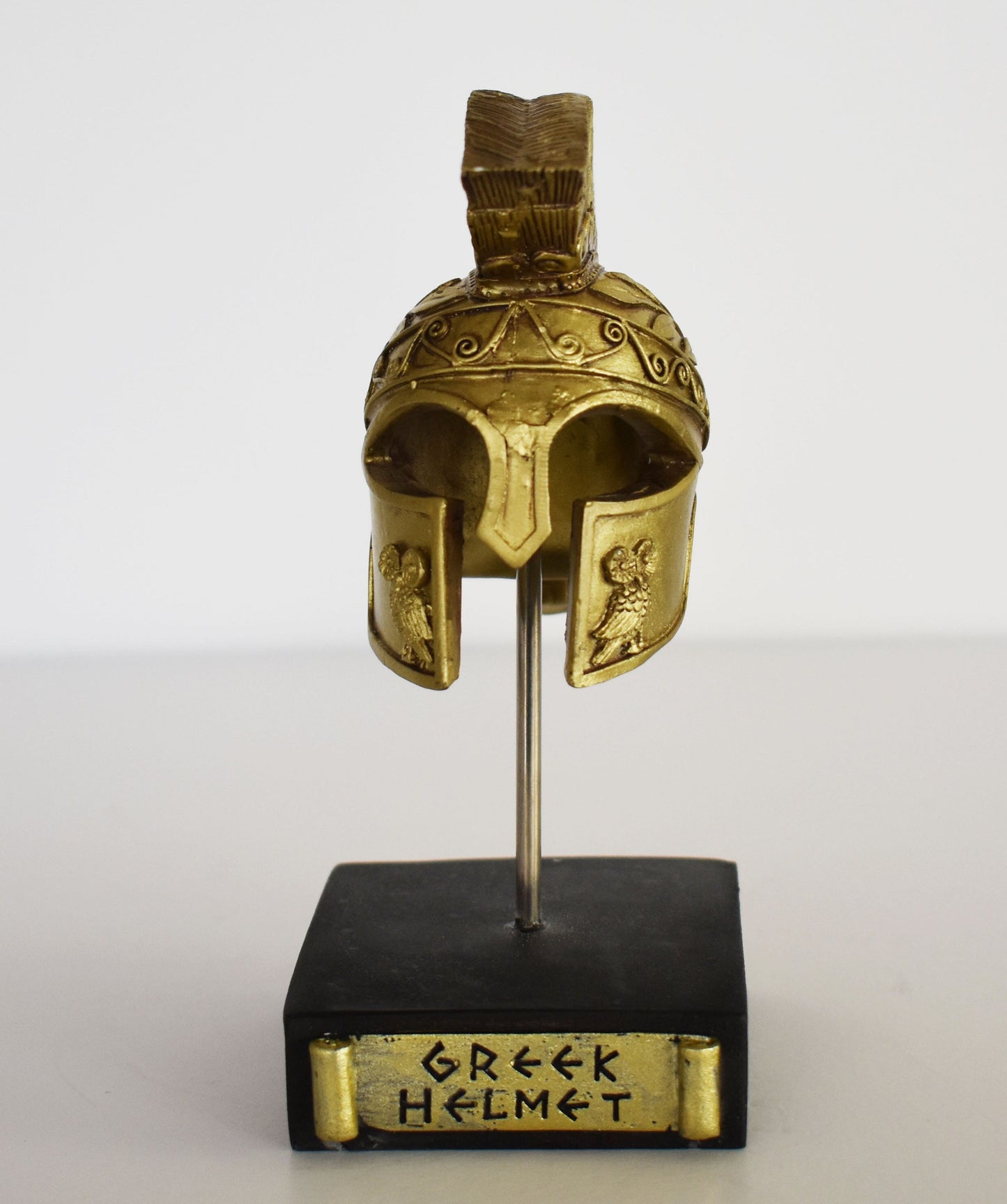 Ancient Greek Spartan Corinthian Helmet -  Physical Battle Protection - Owl of Wisdom Motif - Museum Reproduction - Polyresin Statue