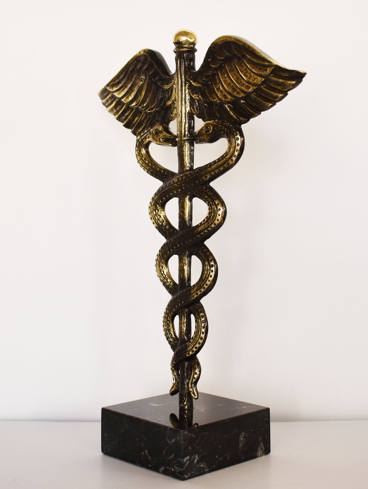 Caduceus - Symbol of God Hermes Mercury - Short Staff entwined by two Serpents, surmounted by Wings - pure bronze statue