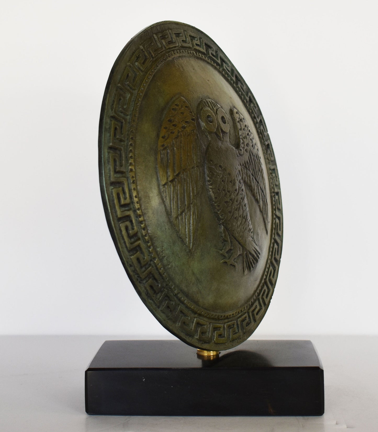 Ancient Greek Athenian Shield - Owl of Wisdom Symbol - Marble Base - Meander Motif - Museum Replica - Pure Bronze Sculpture