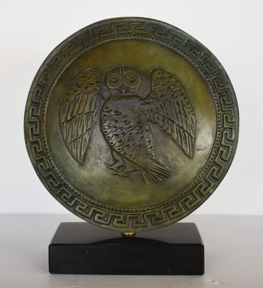 Ancient Greek Athenian Shield - Owl of Wisdom Symbol - Marble Base - Meander Motif - Museum Replica - Pure Bronze Sculpture