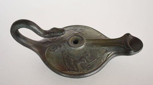Oil Lamp -  Snake Design - Ancient Erotic Scenes - Museum Reproduction - Ceramic Artifact