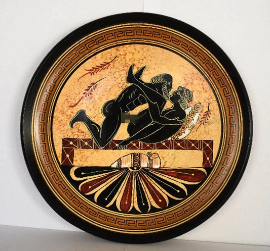Ancient Erotic Scene - Athens, 500 BC - Replica of Red Figure Vessel - Ceramic plate - Meander design - Handmade in Greece