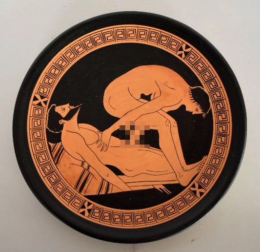 Ancient Erotic Scene - Couple - Athens, 500 BC - Representation of Red Figure Vessel - Ceramic plate - Meander design - Handmade in Greece