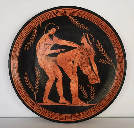 Ancient Erotic Scene - Couple in Love - Athens, 500 BC - Replica of Red Figure Vessel - Ceramic plate - Meander design - Handmade in Greece