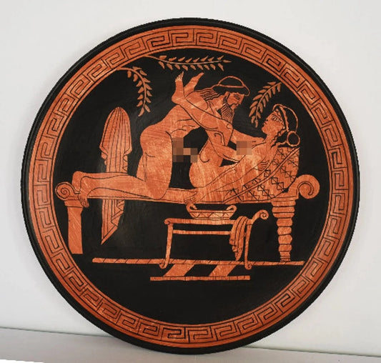 Ancient Erotic Scene - Sexual life - Athens, 500 BC - Reprlica of Red Figure Vessel - Ceramic plate - Meander design - Handmade in Greece
