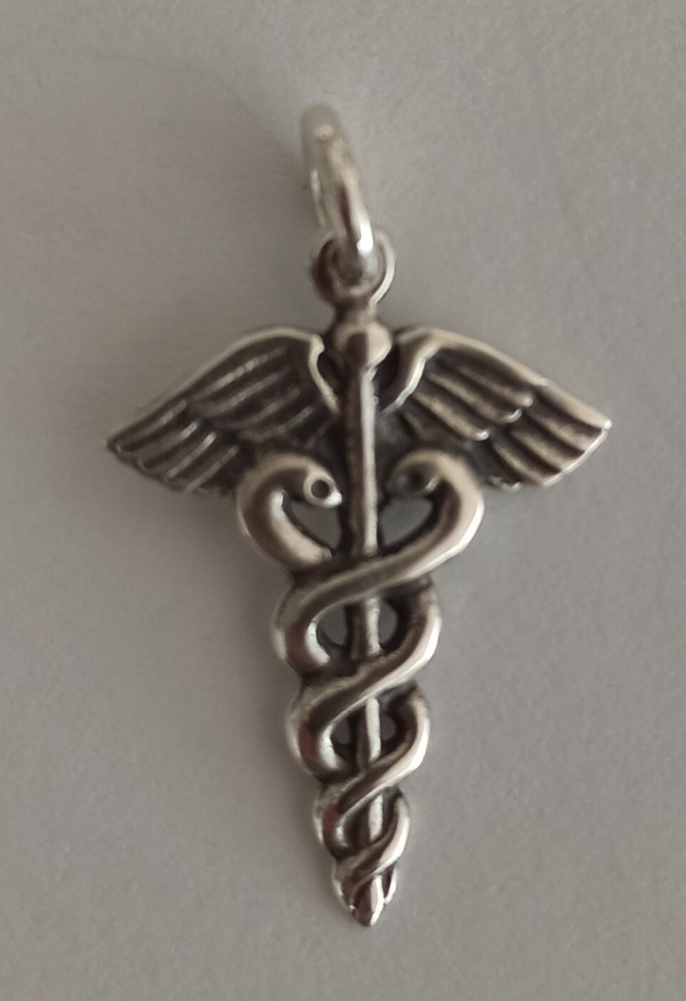 Caduceus - Symbol of God Hermes Mercury - Short Staff entwined by two Serpents, surmounted by Wings - Pendant - 925 Sterling Silver