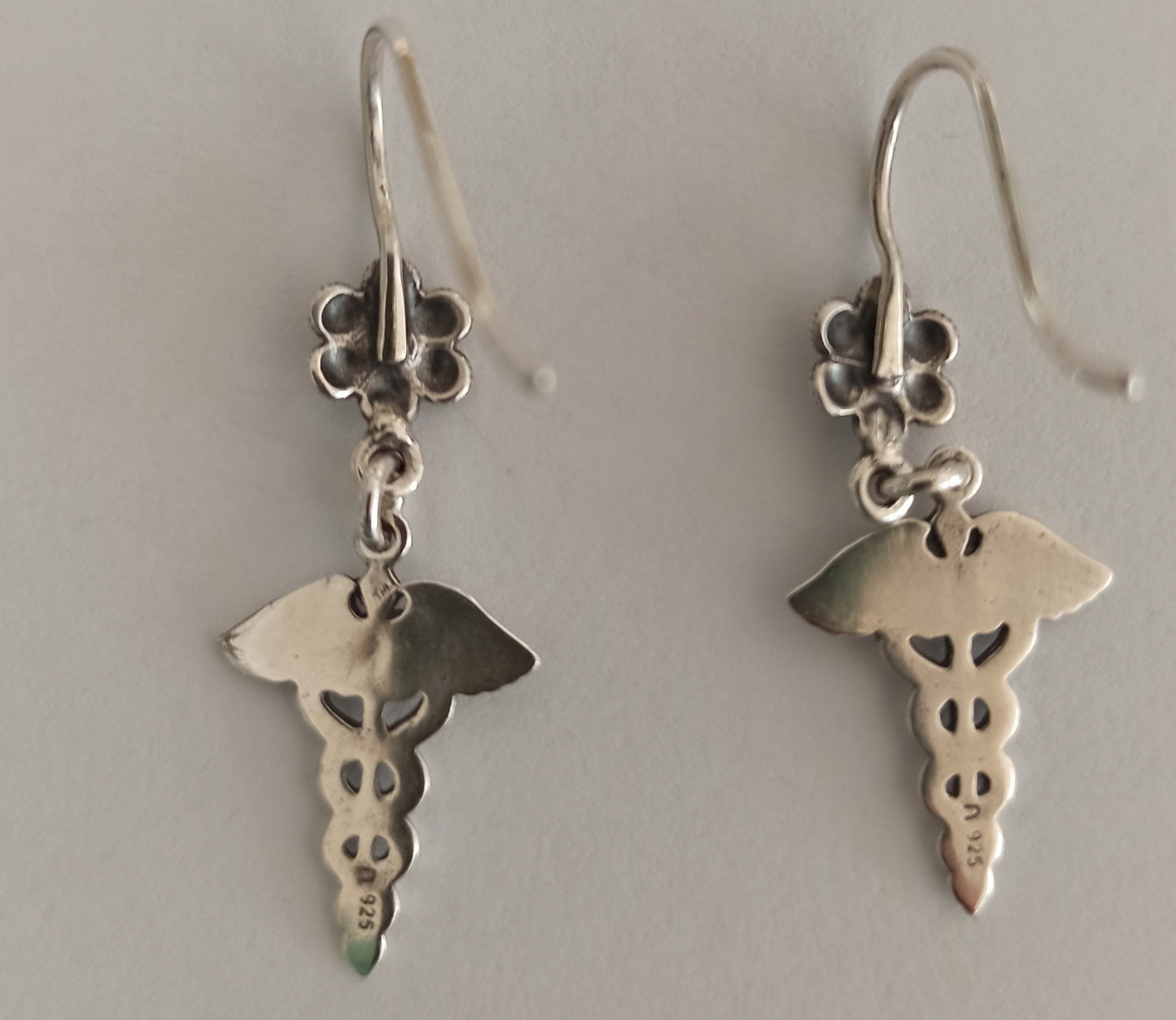 Caduceus - Symbol of God Hermes Mercury - Short Staff entwined by two Serpents, surmounted by Wings - Earrings - 925 Sterling Silver