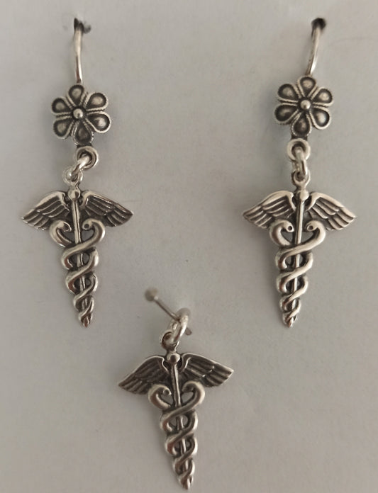 Caduceus - Symbol of God Hermes Mercury - Short Staff entwined by two Serpents with Wings - Pendant and Earrings Set - 925 Sterling Silver