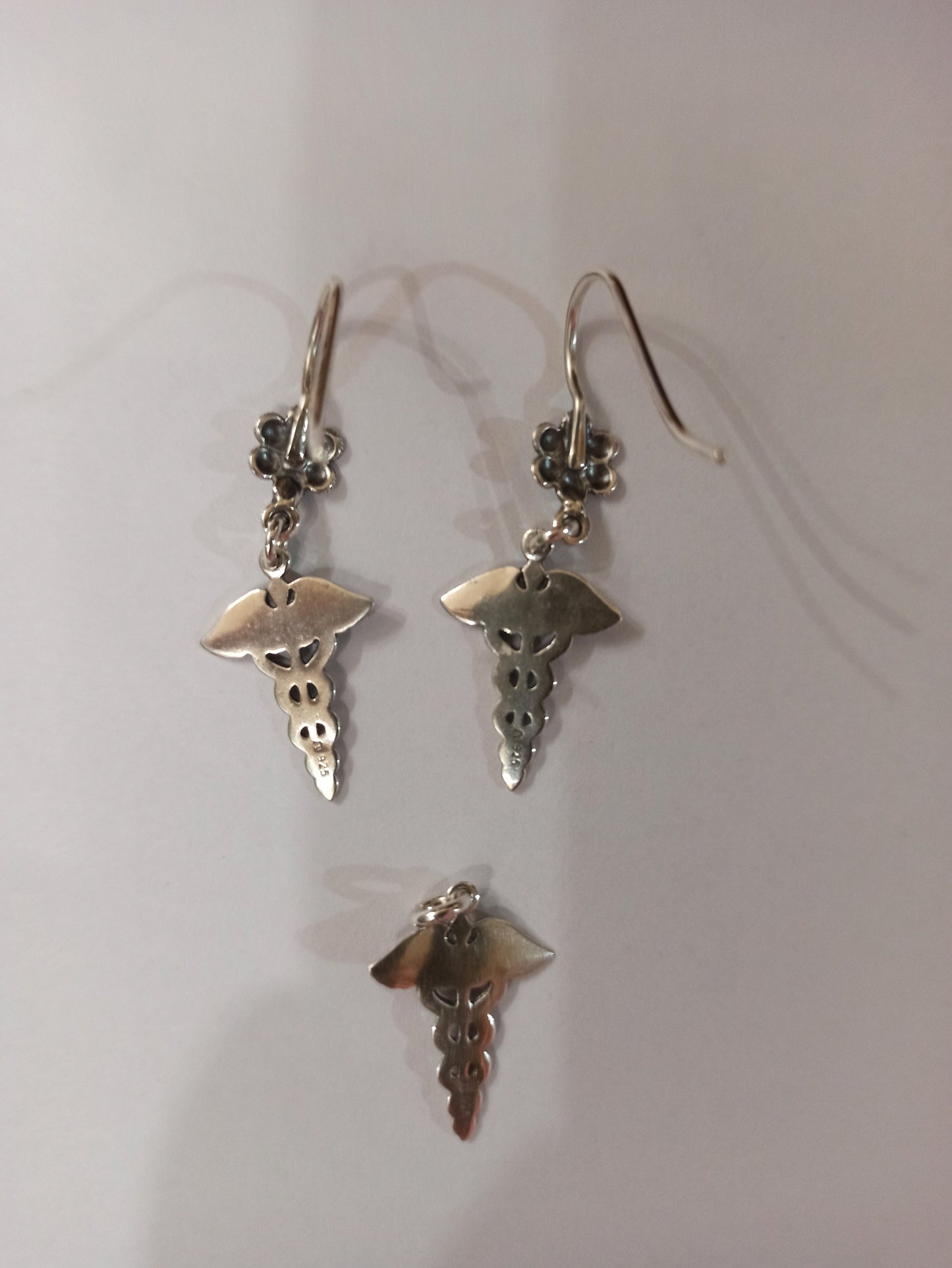 Caduceus - Symbol of God Hermes Mercury - Short Staff entwined by two Serpents with Wings - Pendant and Earrings Set - 925 Sterling Silver