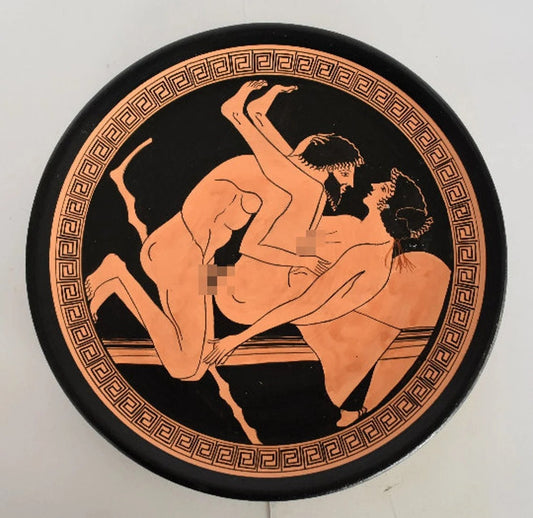 Ancient Erotic Scene - Love - Athens, 500 BC - Representation of Red Figure Vessel - Ceramic plate - Meander design - Handmade in Greece
