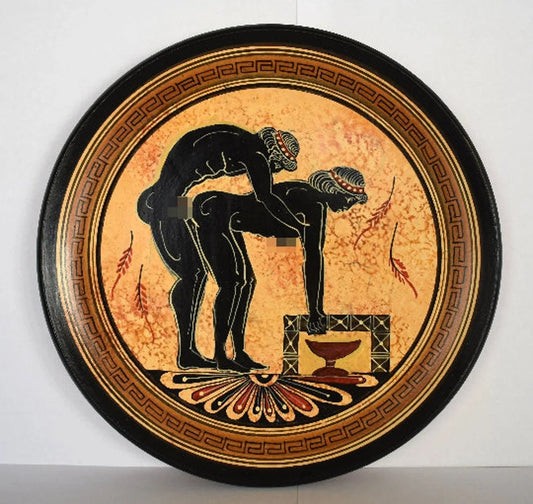 Ancient Erotic Scene - Athens, 500 BC - Representation of Red Figure Vessel - Meander design - Handmade in Greece - Ceramic plate