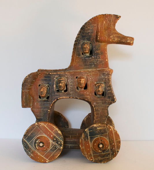 Trojan Horse on Wheels - Hollow Greek Horse - Trojan War - Homer’s Iliad - Representation of Ancient Greek Vessel - Ceramic Artifact